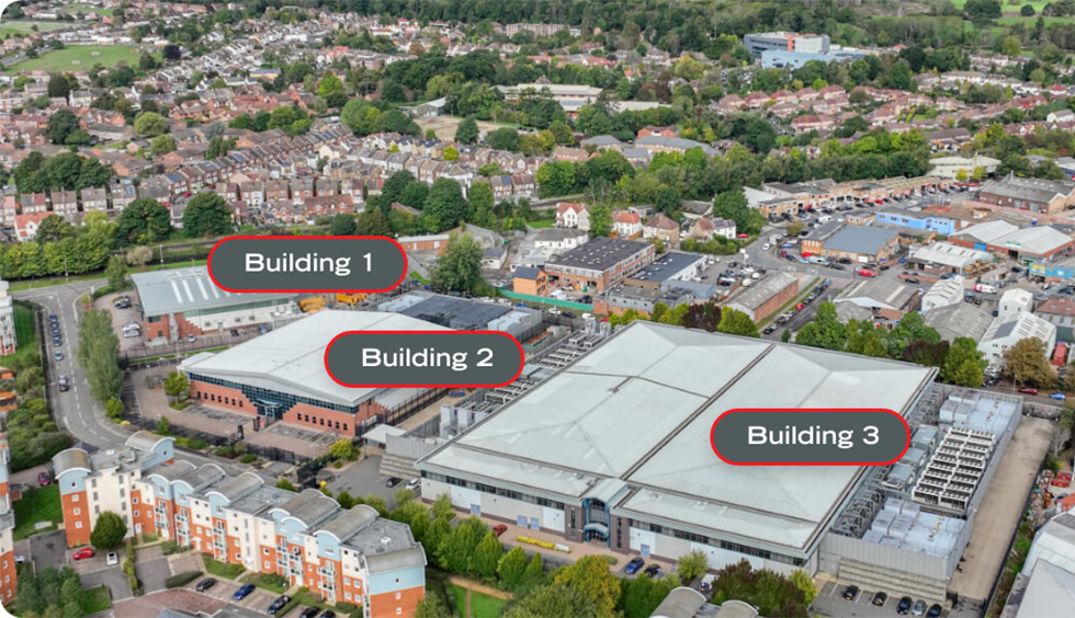 Aerial photo of a large data centre building